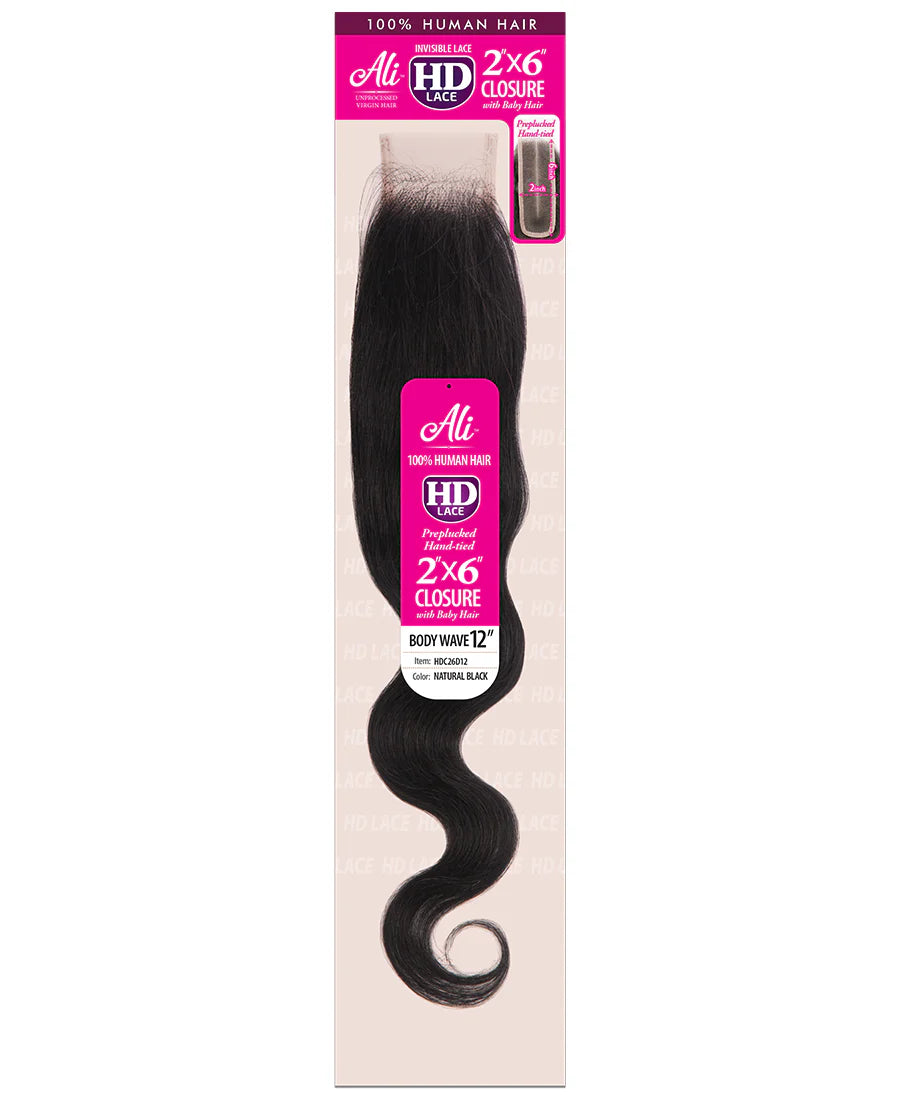 ALI UNPROCESSED HUMAN HAIR HD 2X6 LACE CLOSURE-BODY WAVE