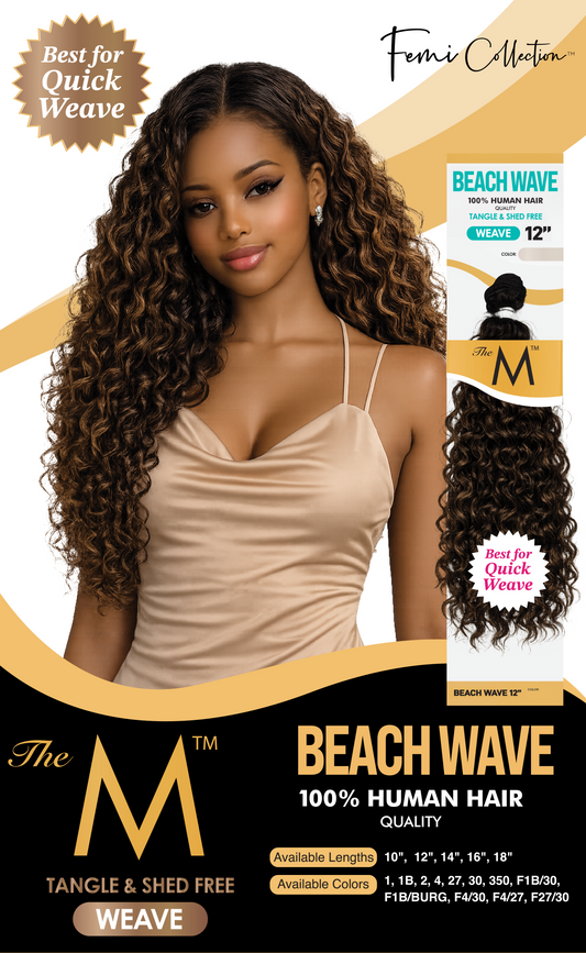 A promotional graphic for a Femi Collection 'Beach Wave' human hair weave. The image features a model with long, wavy, dark brown hair wearing a beige camisole, set against a black and gold background with text detailing the product features, lengths, and styling.