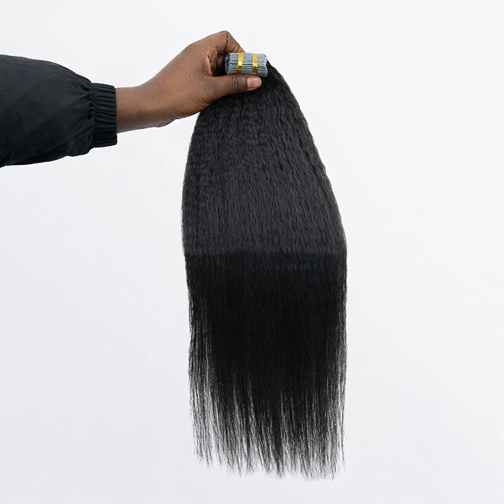Premium Undetectable Human Hair Tape-Ins Afro Kinky Straight– Natural Black (#1B)