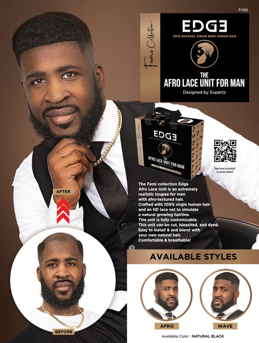Advertisement for Edge Afro Lace Unit for Man with a man modeling the product and before-and-after comparison.