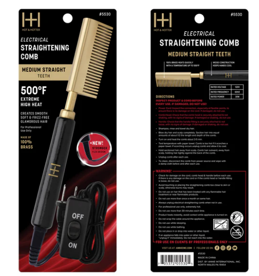Hot & Hotter Electric Straightening Comb Medium Straight Teeth, 1 Count, Black & Gold