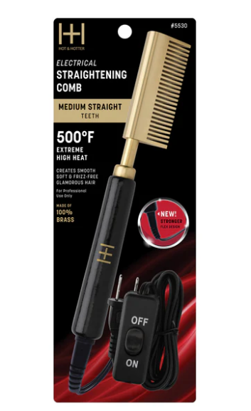 Hot & Hotter Electric Straightening Comb Medium Straight Teeth, 1 Count, Black & Gold