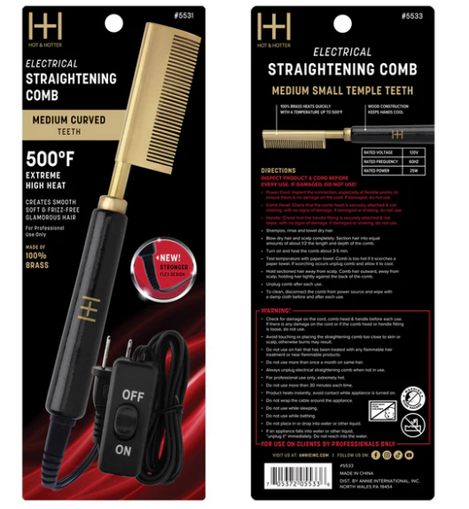 Hot & Hotter Electric Straightening Comb Medium Curved Teeth, 1 Count, Black & Gold