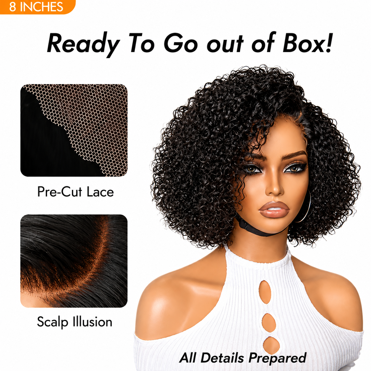 8" 150% Density Short Cut Minimalist HD Lace Glueless Side Part Wig Kinky Curly