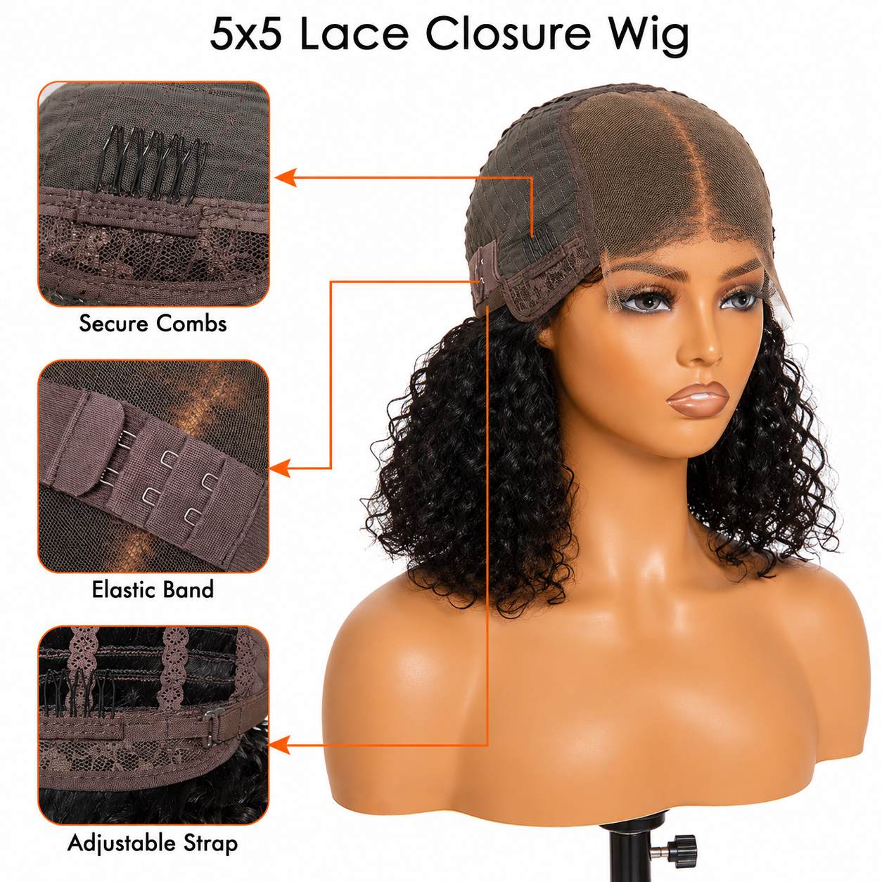 12"-14" 150% Density 5x5 Glueless Lace Closure Bob Wig Water Wave