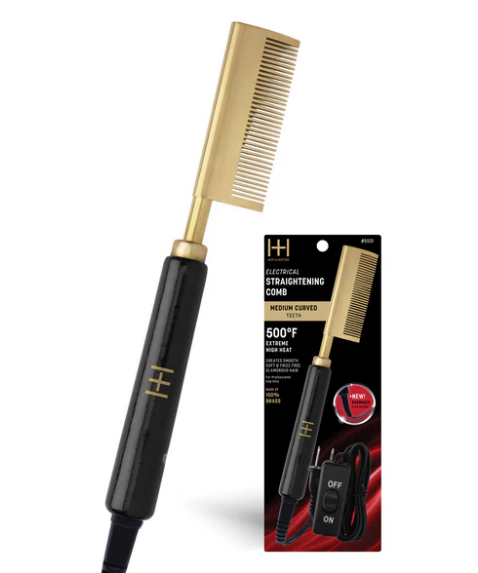 Hot & Hotter Electric Straightening Comb Medium Curved Teeth, 1 Count, Black & Gold