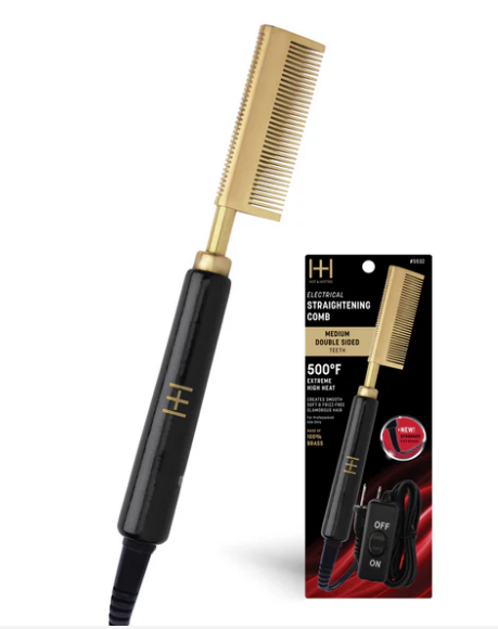 Hot & Hotter Electric Straightening Comb Medium Double Sided Teeth, 1 Count, Black & Gold