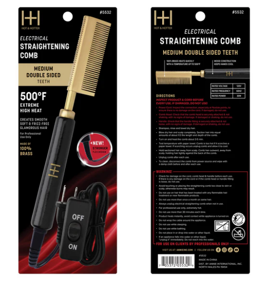 Hot & Hotter Electric Straightening Comb Medium Double Sided Teeth, 1 Count, Black & Gold